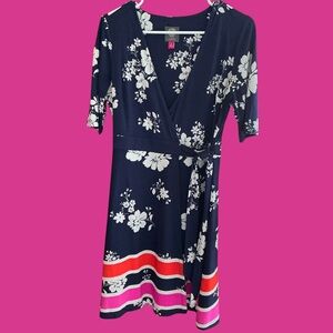 Vince Camuto Navy Floral Wrap Dress with Pink & Orange Stripe Hem